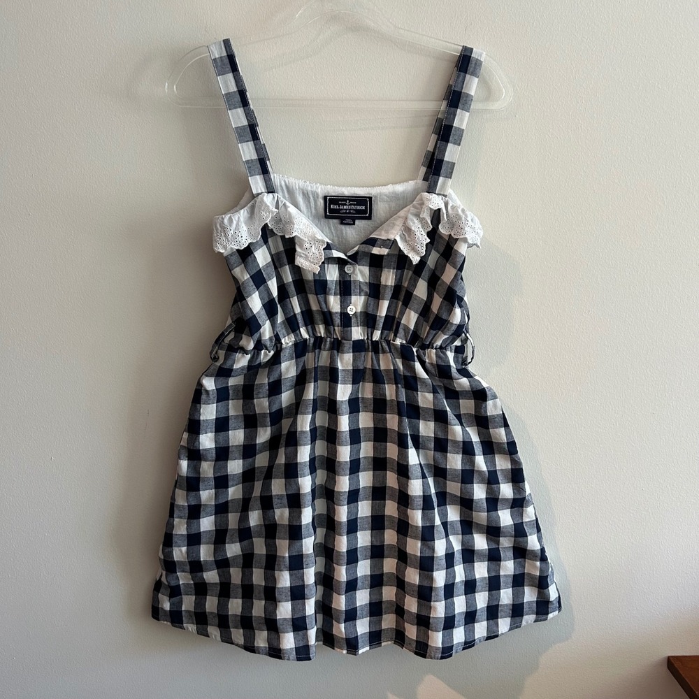 Kiel James Patrick Dress Navy Blue White Gingham Small Eyelet Lace Trim Cotton